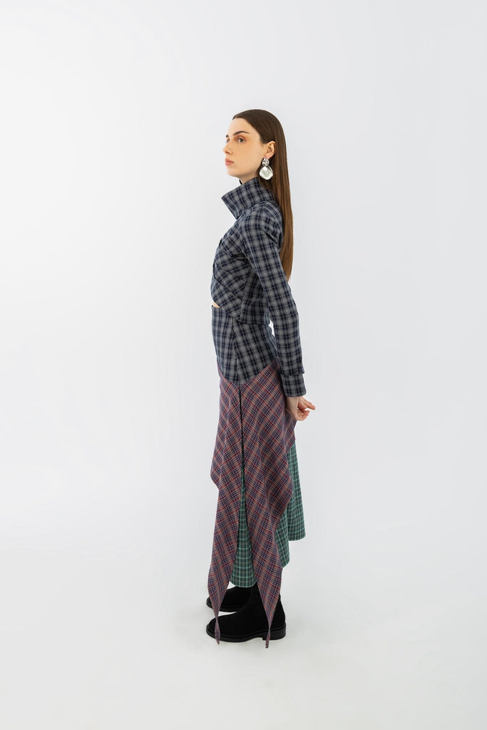 Plaid Draped Collar Top Top mamzi 