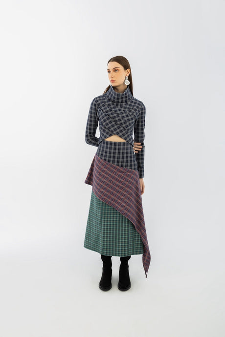 Plaid Draped Collar Top - mamzi