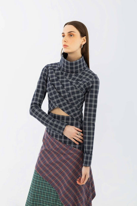 Plaid Draped Collar Top - mamzi
